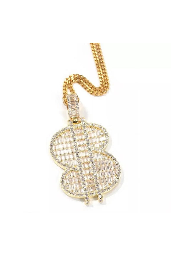 14K Gold Over Finish Simulated Diamond Iced Out Bling Custom Dollar Sign Money Charm Pendant Necklace, Gift for him, Free Rope chain