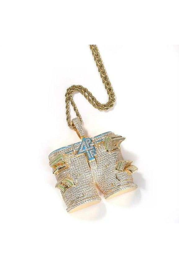 14K Gold Over Finish Simulated Diamond Iced Out Hip Hop 4PF Four Pockets Full Jeans Rapper Rich Custom Charm Pendant Necklace, Gift for him