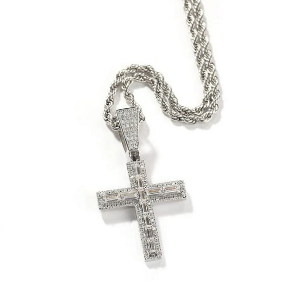 14K Gold Over Finish Simulated Diamond Iced Out Holy Jesus Christ Baguette Cross Custom Charm Pendant Necklace, Christmas Gift, Free chain