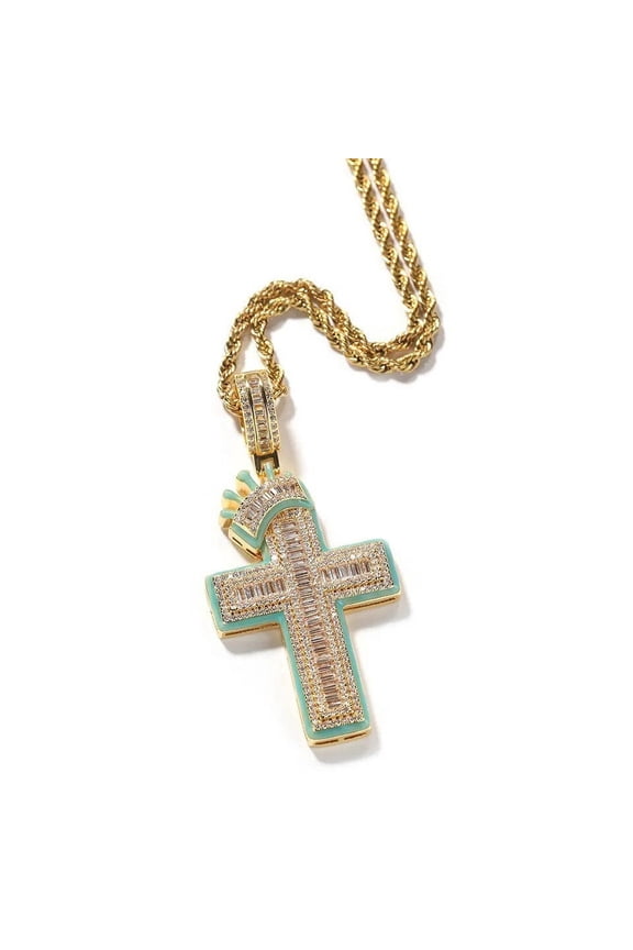 14K Gold Over Finish Simulated Diamond Iced Out Holy Jesus Christ Crucifix Crown Cross Custom Charm Pendant Necklace, Glow in the Dark, Gift