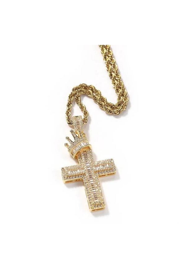 14K Gold Over Finish Simulated Diamond Iced Out Holy King Jesus Christ Crucifix Cross Custom Charm Pendant Necklace