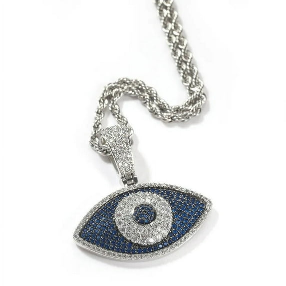 14K Gold Over Finish Simulated Diamond Iced out Bling Custom Blue Evil Eye Good Luck Charm Pendant Necklace, Protection Charm, Gift for her
