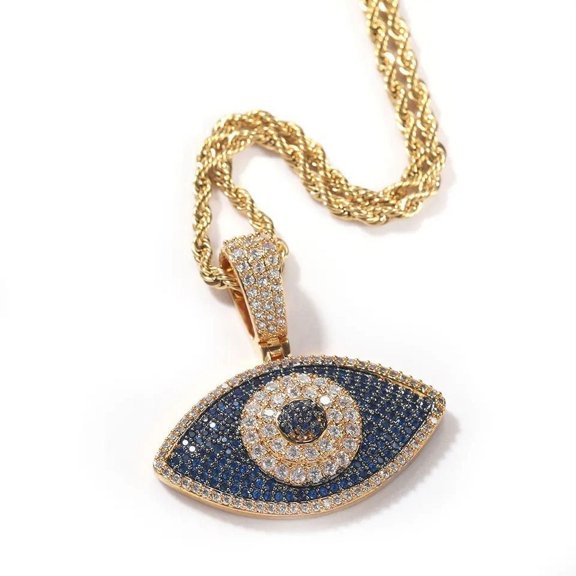 14K Gold Over Finish Simulated Diamond Iced out Bling Custom Blue Evil Eye Good Luck Charm Pendant Necklace, Protection Charm, Gift for her