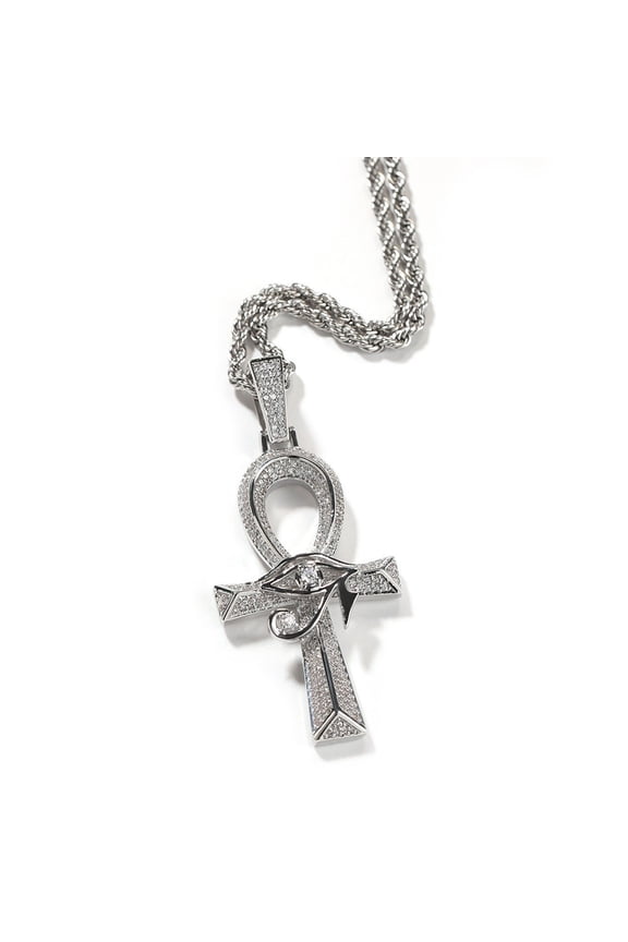 14K Gold Over Finish Simulated Diamond Iced out Bling Custom Eye Of Horus Egyptian Ankh Cross Charm Pendant Necklace, Free Rope Chain, Gift
