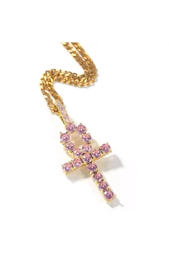 14K Gold Over Finish Simulated Diamond Iced out Bling Custom Pink Egyptian Ankh Cross Charm Pendant Necklace, Gift For her, Mothers day