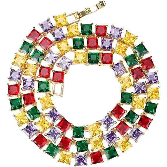 14K Gold Over S925 Micro-Inlaid Four-Color Square Moissanite Necklace, Hip-Hop Trendsetter Jewelry, Fashion Gift for Street Style Lovers