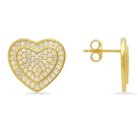 14K Gold Over Silver Pave Cubic Zirconia Heart Stud Earrings