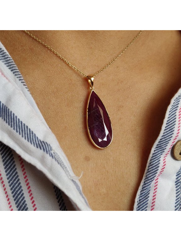 14K Gold Pear Natural Ruby Pendant: July Birthstone Jewelry
