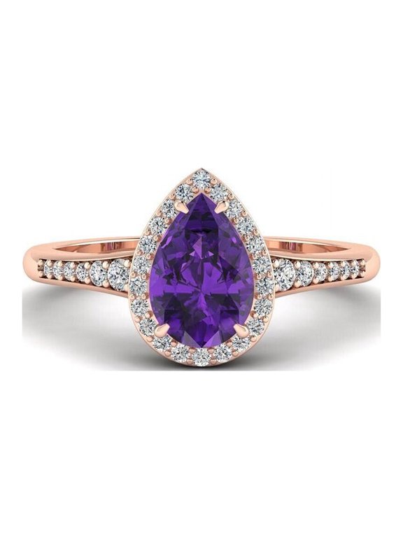 14K Gold Pear Shaped Amethyst Ring For Women Birthstone Teardrop Ring