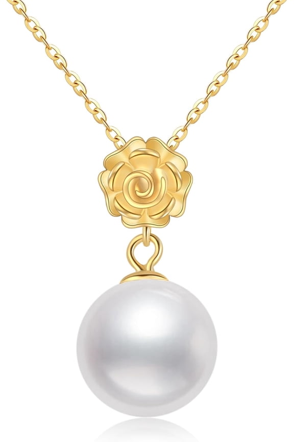 14K Gold Pearl Necklace 14K Gold 9MM Freshwater Cultured Pearl Pendant Necklace Flower Pearl Yellow Gold Jewelry for Women