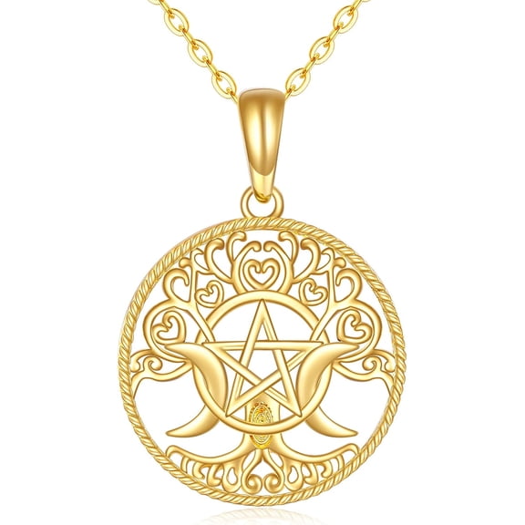 14K Gold Pentagram Pentacle Necklace Triple Moon Goddess Pentacle Necklace for Women Real Yellow Gold Pagan Wiccan Magic Amulet Jewelry Gifts