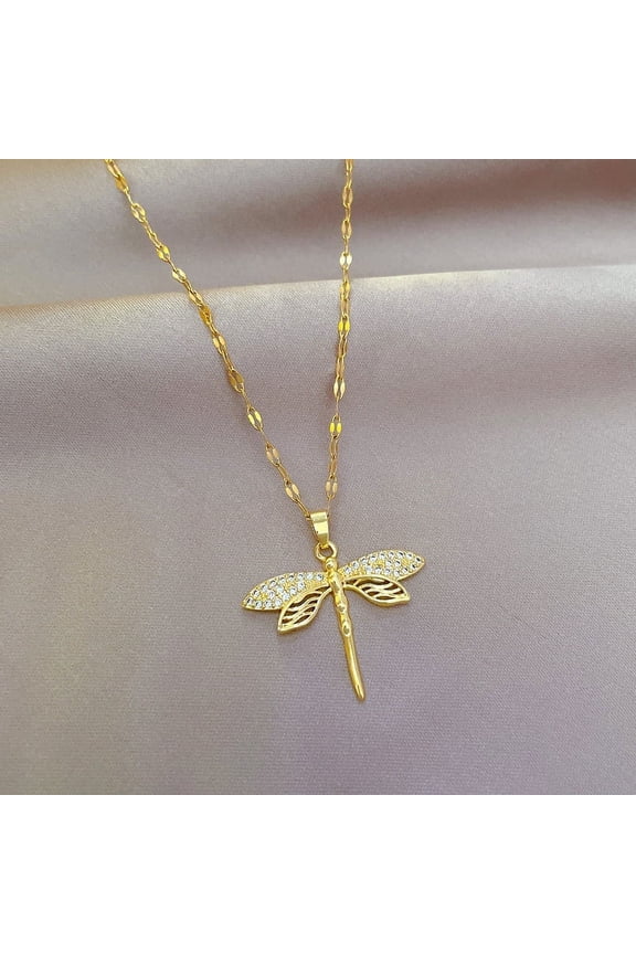 14K Gold Personality Dragonfly Pendant Necklace For Women Fashion Clavicle Chain Party Jewelry Gifts
