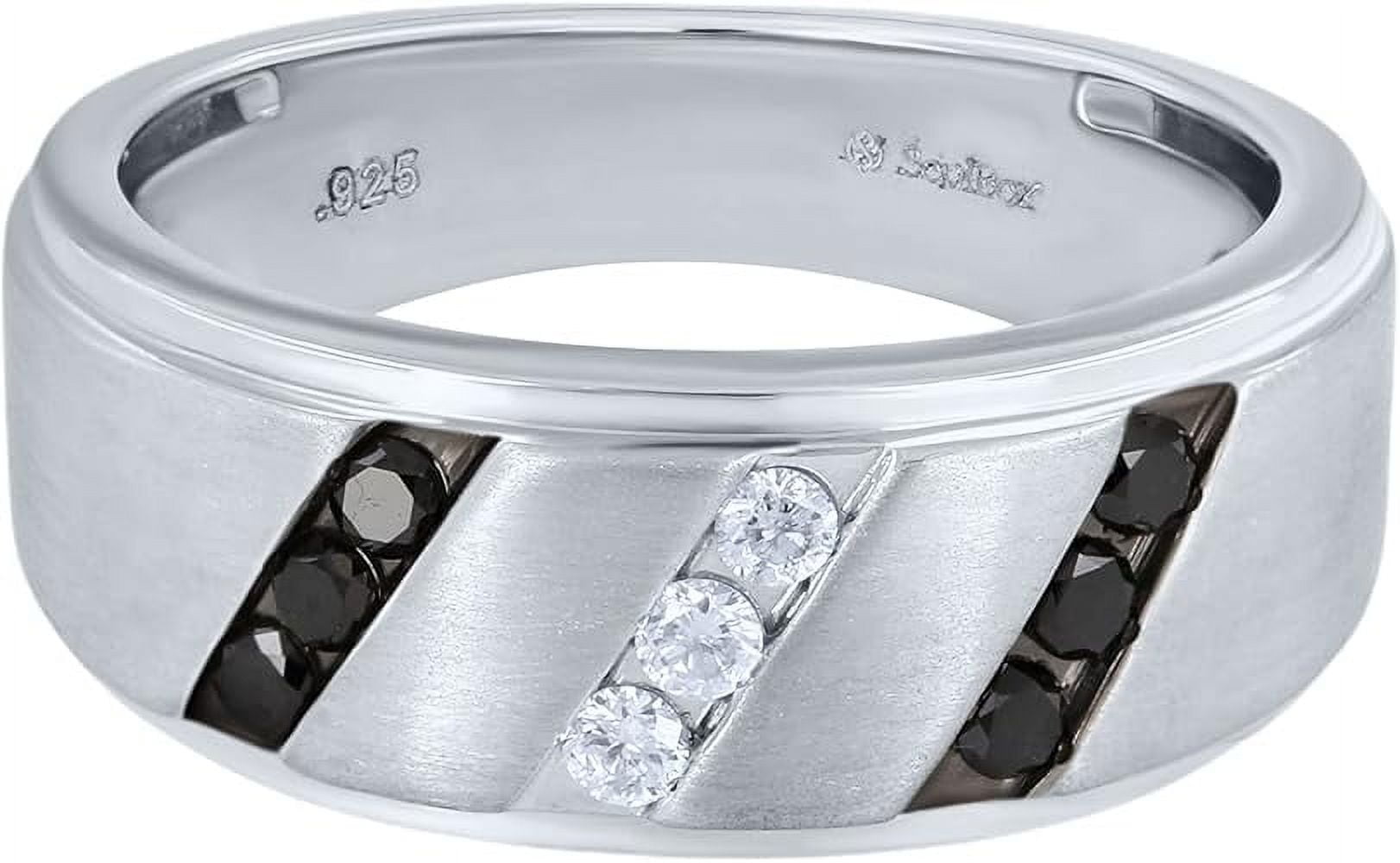 NVS "925 Sterling Silver Men's Black and White Diamond Wedding Ring Size 10"