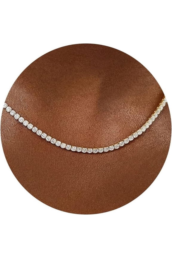 14K Gold Plated 3Mm Tennis Necklaces For Women,Sparking Aaaa Cubic Zirconia Tennis Choker Necklaces,Simulated Cut Diamond Chain For Women Bridal Wedding Jewelry[o5072]