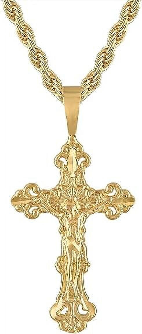 14K Gold Plated 4mm Rope Chain Style Cross Pendant Necklace Solid Clasp Stainless Steel for Men,Women,Teens