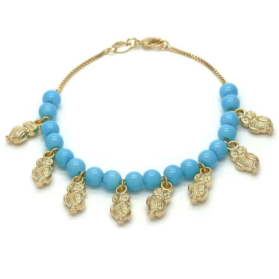 14K Gold Plated 7.5" Charm Bracelet W/ Turquoise Beads And Owls Dangling