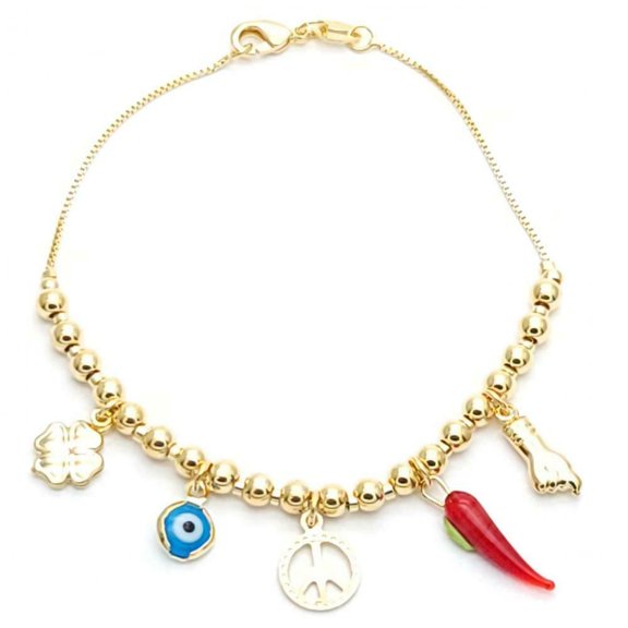 14K Gold Plated 7" Box Chain W/ 4Mm Beads & 5 Good Luck Charms Dangling
