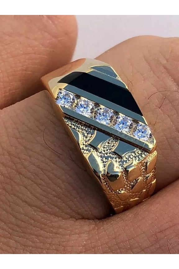 "14K Gold Plated 925 Silver Nugget Black Onyx Iced Simulated Diamond Ring - Hip Hop Style"