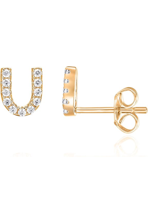 14K Gold Plated 925 Sterling Silver Cubic Zirconia Initial Letter Stud Earrings for Women | Simulated Diamond Alphabet Letter Earrings
