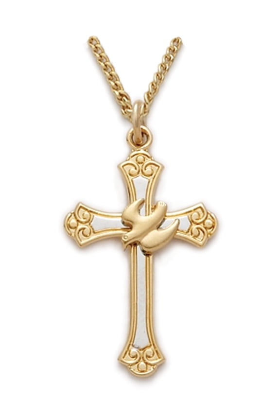 Women's 1-1/8 Inch Two-Tone 14K Gold Over Sterling Silver Dove and Budded Ends Cross Necklace with Stainless Steel Gold Plated 18" Chain, Style Dove, Cross