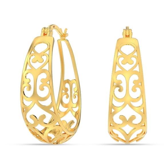 Charmsy 14K Gold Plated 925 Sterling Silver Post Filigree Hoop Earrings for Women | Small Love Heart Click-Top Oval Hoops Earring | Hypoallergenic Trendy Jewelry | Size 25mm