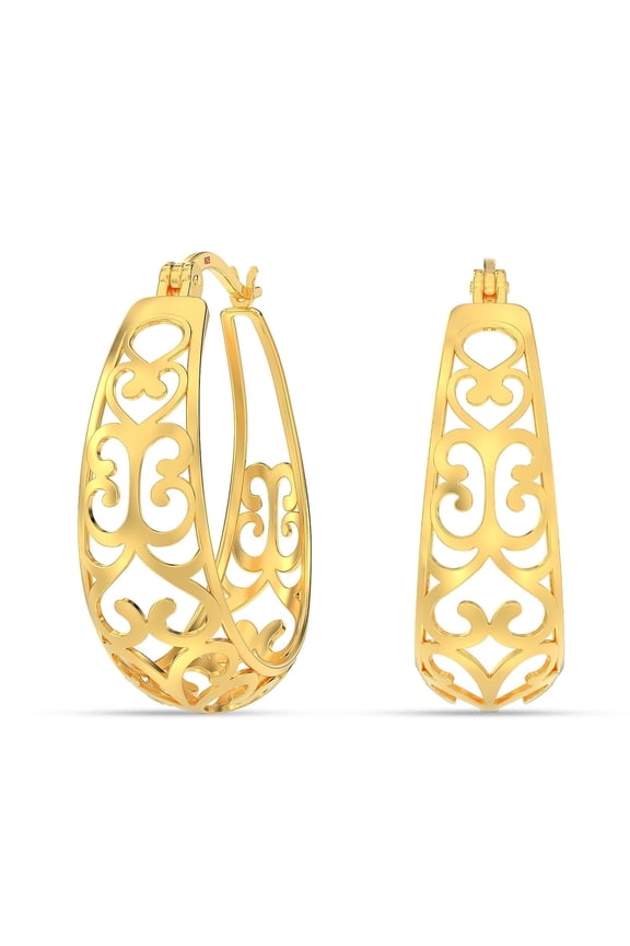 14K Gold Plated 925 Sterling Silver Post Filigree Hoop Earrings for Women | Small Love Heart Click-Top Oval Hoops Earring | Hypoallergenic Trendy Jewelry | Size 25mm