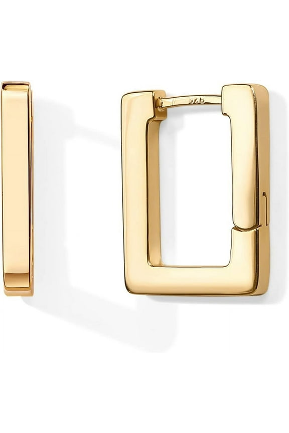 14K Gold Plated 925 Sterling Silver Post Square Hoop Earrings | Geometric Rectangle Gold Hoop Earrings for Women