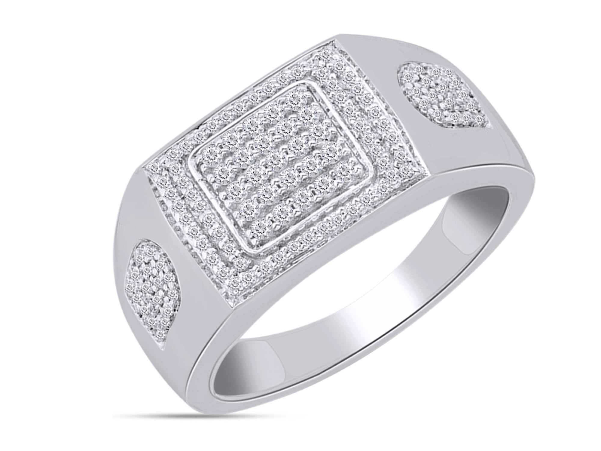 14K Gold Plated 925 Sterling Silver Round Cut Natural Diamond Square Frame Engagement Ring For Men s 0.5 Cttw I2 I3 Clarity