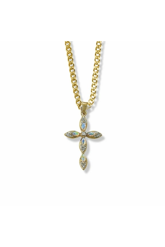 Women's 1-1/8 Inch 14K Gold Over Sterling Silver Pointed Oval Ends Cross Necklace with Opal Stones with Stainless Steel Gold Plated 18" Chain, Style Cross