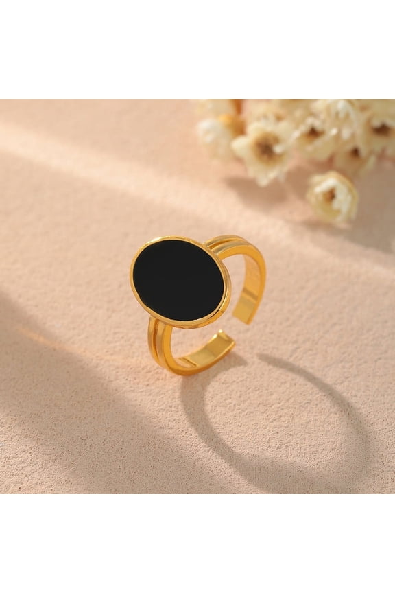 14K Gold - Plated Adjustable Black Oval Ring - Minimalist & Chic