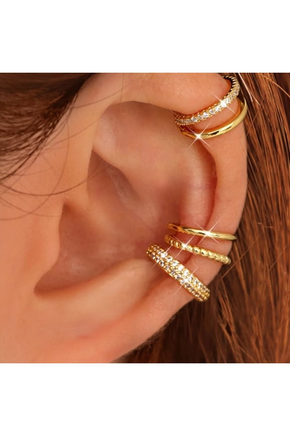 14K Gold Plated Adjustable Ear Cuff Jewelry Set, Clip-On Cartilage Earrings for Sensitive Ears