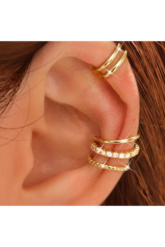 14K Gold Plated Adjustable Ear Cuff Jewelry Set, Clip-On Cartilage Earrings for Sensitive Ears