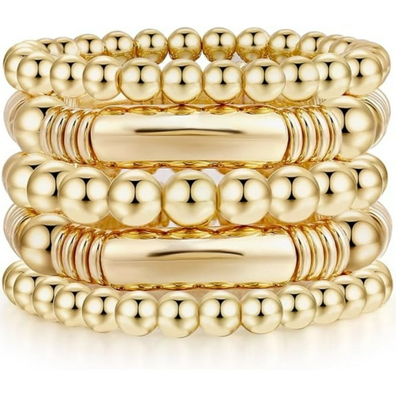 14K Gold Plated Bangles Bracelet for Women Chunky Curved Stacking Plated Bead Ball Stretchable Bracelets 5pcs