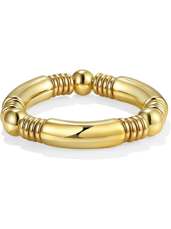 14K Gold Plated Bangles Bracelet for Women Chunky Curved Stacking Plated Bead Ball Stretchable Bracelets