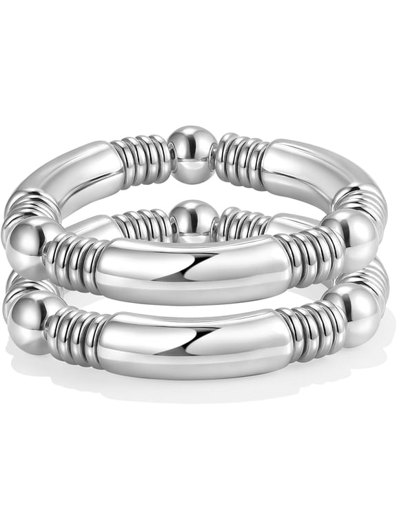 14K Gold Plated Bangles Bracelet for Women Chunky Curved Stacking Plated Bead Ball Stretchable Bracelets
