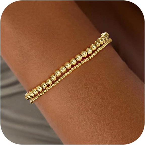 14K Gold Plated Beaded Bracelet for Women, Adjustable Gold Beaded Bracelet Stacking Set