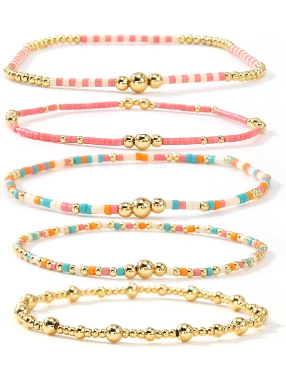 14K Gold Plated Beaded Bracelets Stack Set for Women,Stretch Boho Colorful Beads Ball Jewelry Friendship Summer Trendy