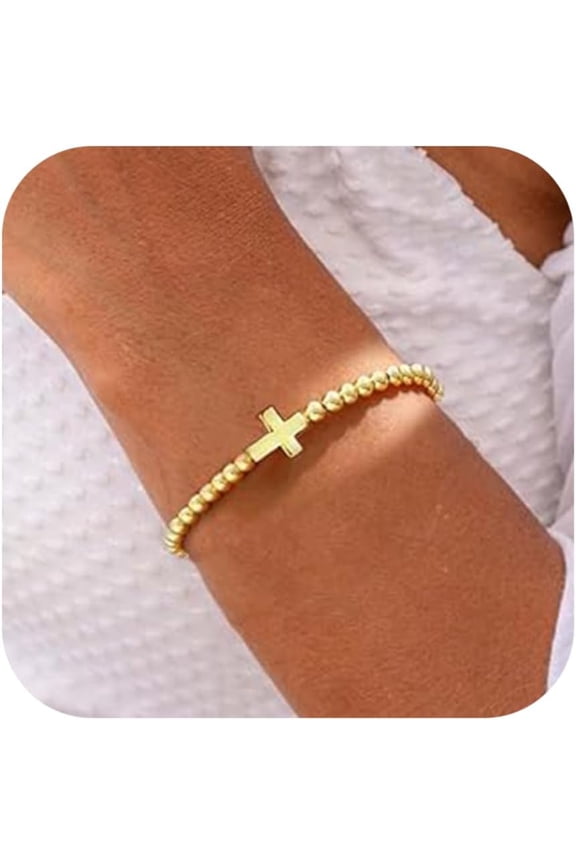 14K Gold Plated Beaded Bracelets for Women Stretch Gold Beads Handmade Ball Pendant Charms Jewelry