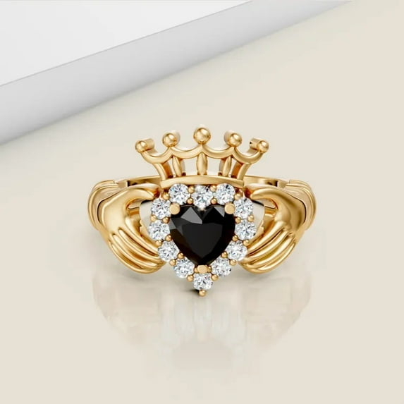 14K Gold Plated Black Onyx Claddagh Engagement Ring Antique Bridal Heart Shape Wedding Anniversary Promise Ring For Her