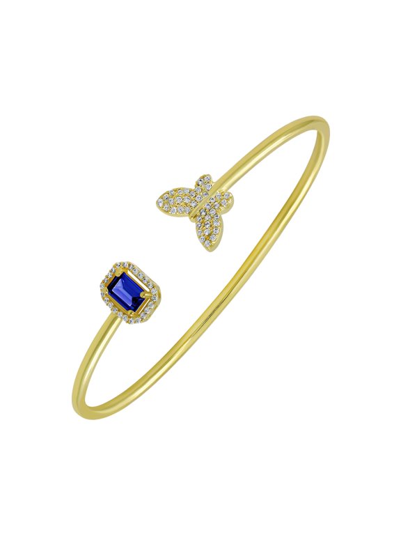 14K Gold Plated Blue Sapphire & Simulated Diamond Open Cuff Bangle | Boho Chic Butterfly Bracelet