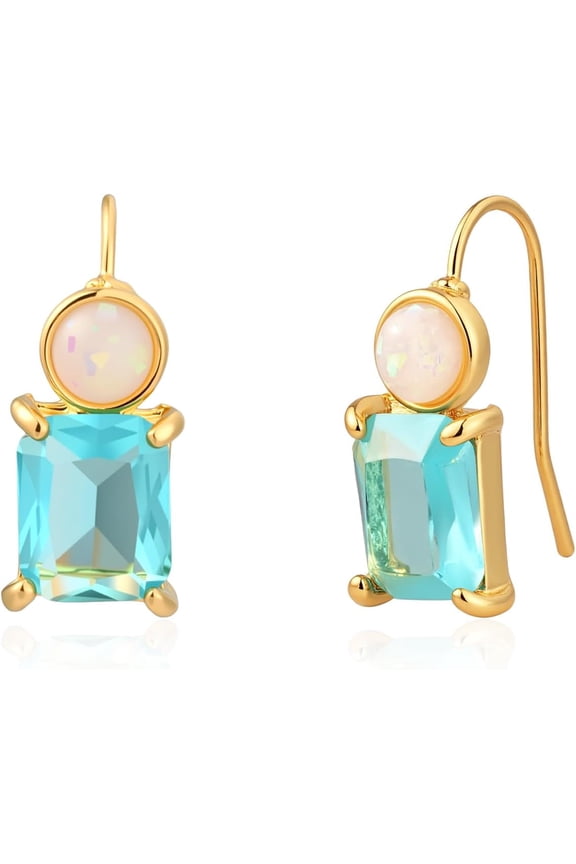 14K Gold Plated Blue Square Aquamarine Opal Threader Dorp Dangle Pull Through Earrings for Women[j6063]