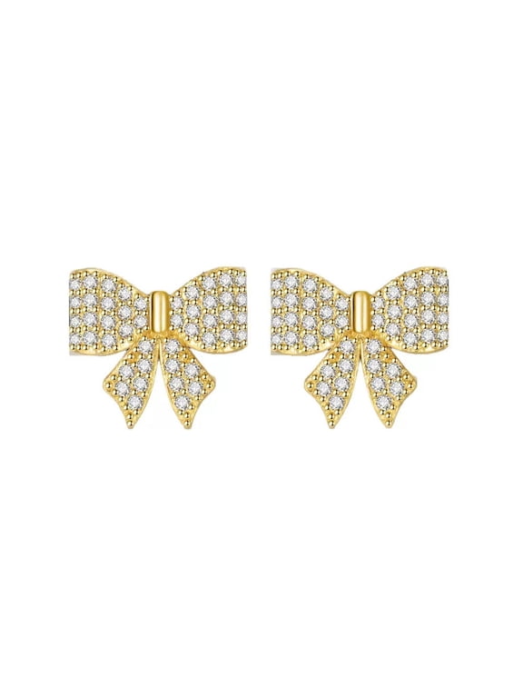 14K Gold Plated Bow Earrings for Women Trendy Sparkly Rhinestone Stud Earrings Daily Party Jewelry Gifts