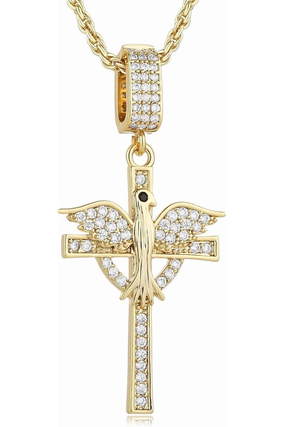 14K Gold-Plated Brass Cross Necklace for Women, Dove Holy Spirit Pendant, Inspirational Christian Baptism Christmas Gift