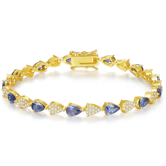 KIJ Pear Cut Blue and White Cubic Zirconia Tennis Bracelet,14K Gold Plated Hypoallergenic Gifts for Men Women