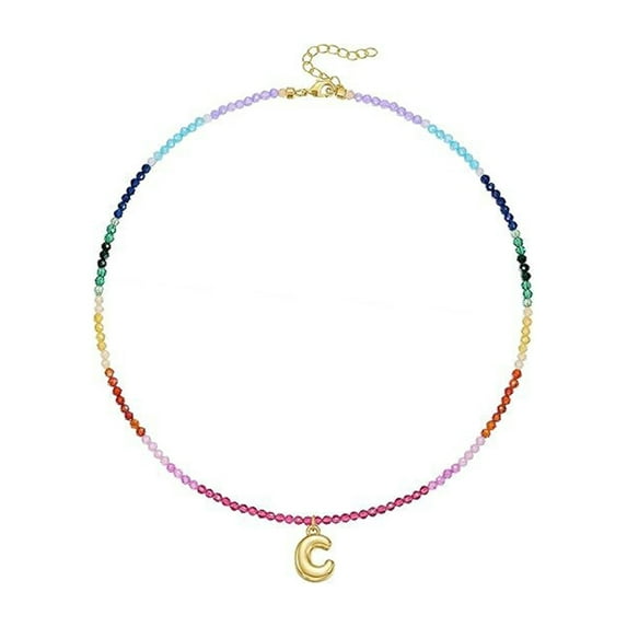 14K Gold Plated Bubbled Letter Pendant Necklace With Rainbow Gemstones Beads For Women Vocation Beach Jewelry