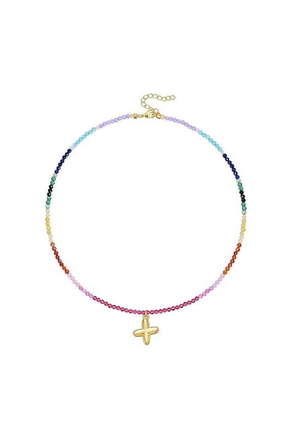 14K Gold Plated Bubbled Letter Pendant Necklace With Rainbow Gemstones Beads For Women Vocation Beach Jewelry