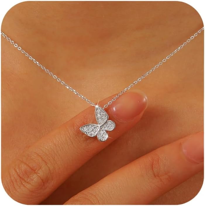 14K Gold Plated Butterfly Necklaces for Women 925 Sterling Silver Cute Butterfly CZ Pendant Necklace Dainty Insect Animal Charm Chain Necklace Jewelry Birthday Gifts for Mom Daughter