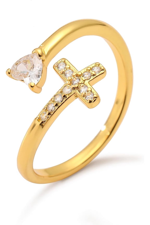 14K Gold Plated CZ Cross Heart Ring Eternity Promise Jewelry for Her
