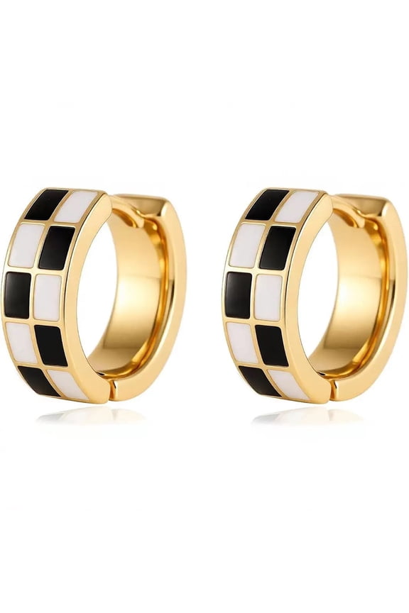 14K Gold Plated Checkered Small Hoop Earrings for Women Hypoallergenic White Black Enamel Earrings Jewelry Gift