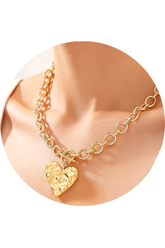 14K Gold Plated Chunky Heart Necklace for Women, Waterproof Non-Tarnish Hypoallergenic Bold Chain with Toggle Clasp, Statement Jewelry Gift for Her